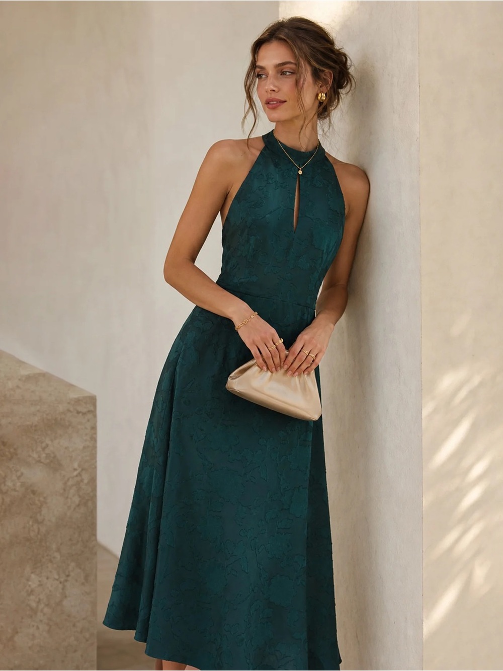 Rihoas Green Mock Neck Sleeveless Jacquard Maxi Dress